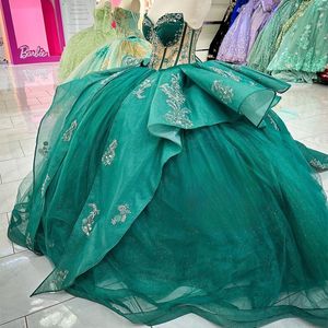Vestido de fiesta brillante verde esmeralda vestidos de quinceañera corsé apliques con cuentas vestidos formales de graduación con cordones princesa dulce 15