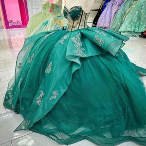 Smaragdgroen Glanzende Baljurk Quinceanera Jurken Korset Applique Kralen Formeel Gala Afstuderen Toga Lace Up Prinses Sweet 15