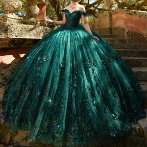 Robe De bal brillante vert émeraude Quinceanera, épaules dénudées, en dentelle, fleurs 3d, perlée, douce 16 ans, à lacets