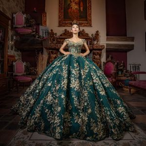 Robe De bal perlée brillante vert émeraude, robes De Quinceanera, perles appliquées dorées, douce 16 robes De concours De 15 ans