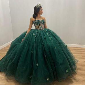 Emerald Green Shiny Beaded Crystal Tull Ball Gown Quinceanera Dress With Big Bow Corset Vestido De 15 Anos