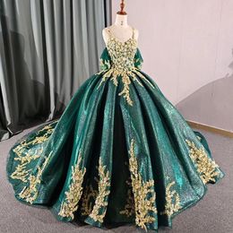 Smaragdgroen Glanzende Kralen Gouden Kant Applique Tule Baljurk Quinceanera Jurk Cocktailjurken Vestidos De 15 Baile Baljurk