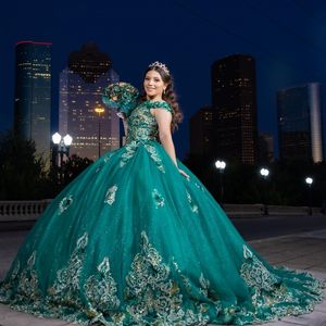 Smaragdgroen Glanzend Uit de Schouder Baljurk Quinceanera Jurken Bloemen Applicaties Kant Kralen Corset Vestidos De 15 Anos