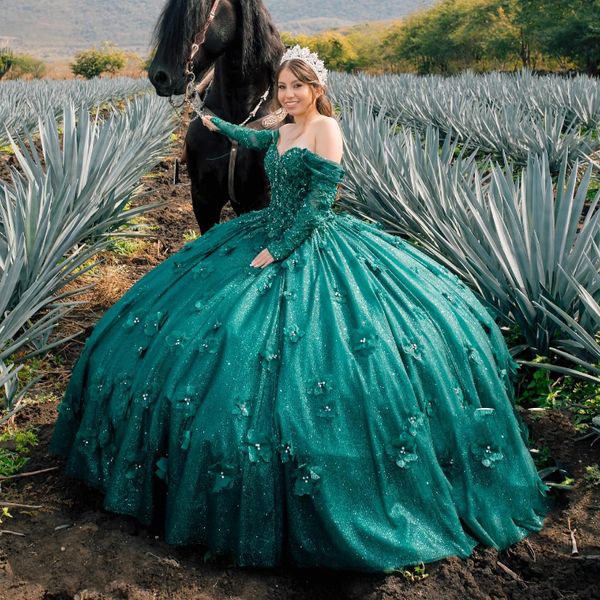 Vestido De princesa brillante verde esmeralda para quinceañeras, Vestido De fiesta, cuentas De flores 3D, Vestido De 16 cumpleaños, 15 De novia