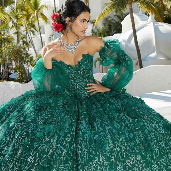 Vert émeraude brillant princesse Quinceanera robes princesse 3DFlowers robe de bal robe d'anniversaire Applique Tulle doux 16 robes robes de 15