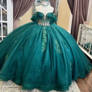 Vert émeraude brillant chérie robe de bal Quinceanera robes hors épaule cristal appliques dentelle douce 16 robe à lacets robe 15 anos