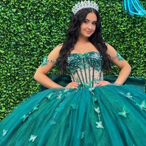 Smaragdgroen Glanzend Sweetheart Vestidos De 15 Anos 2024 Quinceanera Jurken Kralen Strik Luxe Verjaardagsfeestje Baljurken