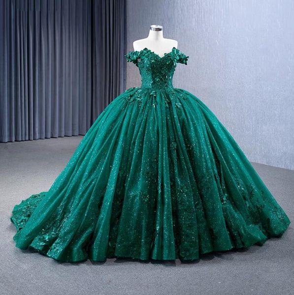 Robe de bal scintillante vert émeraude, robes de Quinceanera, épaules dénudées, jupe Gillter florale 3D, douce 15 robes verde esmeralda