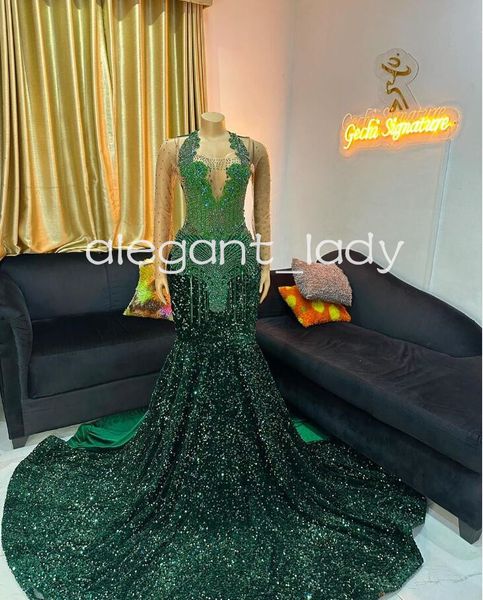 Vestidos de ceremonia de noche brillantes de color verde esmeralda para niña negra, vestido de graduación de terciopelo y cristal con diamantes de lujo 2024