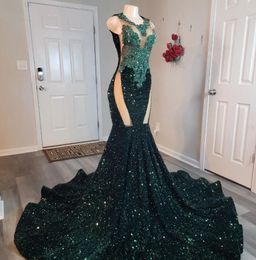 Émeraude Green Sparkly Long Mermaid Cérémonie Robes formelles pour Black Girl 2024 Luxury Diamond Evening Birthday Gala Gown