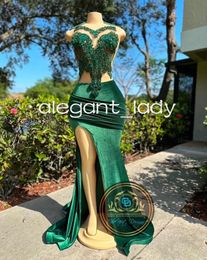 Robe de soirée sirène scintillante vert émeraude pour femmes, robe de soirée avec fente en cristal et diamant, robe de cérémonie de luxe