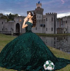 Smaragdgroen Sparkly Prinses Quinceanera Jurken 2024 Off Schouder Luxe Kristal Kwastje vestidos de 15 anos prom corset