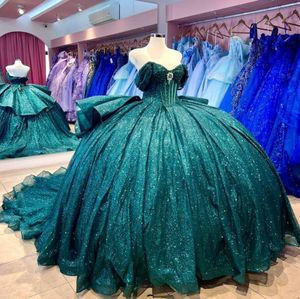 Robe princesse Quinceanera vert émeraude scintillante, épaules dénudées, Corset désossage, robes de bal de 15 ans, 2024