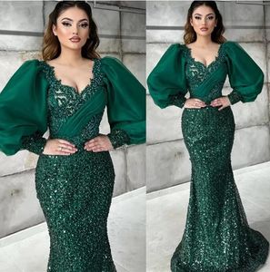 Emerald Green Sparkly Prom -jurken met gezwollen mouw 2023 Arabische Aso Ebi Mermaid lovertjes Lace Evening Betrokkenheid Verjaardagsjurk