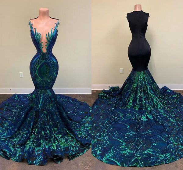 Vestidos de fiesta de sirena largos con lentejuelas brillantes, color verde esmeralda, sin mangas, africanos, negros, sirena, vestidos de Gala de noche formales, 2022