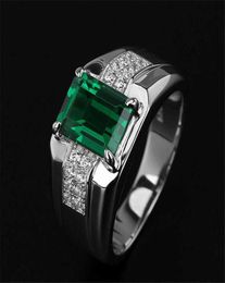 Anillo de espinela verde esmeralda para hombre, chapado en platino, anillo de moda con diamantes cuadrados, 8971286