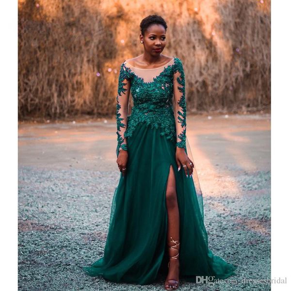 Vestidos de fiesta formales de tul verde esmeralda, vestidos largos de noche africanos de corte A, apliques de manga larga, vestidos de fiesta con abertura en la pierna con cuentas Q41