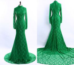 Emerald Green Vintage Avond Prom Dress Lange Hoge Hals met Mouwen Kant Bodice Schede Rits Back Sweep Train Formele Toga's Goedkoop