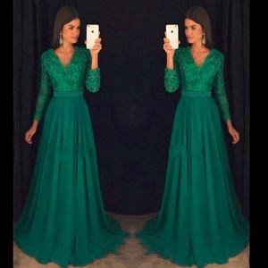 Emerald Long Sleeve Prom Dress Vestido de Festa Goedkope Chiffon Avondfeest Draag formele jurken op maat gemaakt