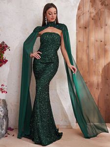 Emerald prom -jurken Green Mermaid Sexy Long Sequins kanten lovertjes feestjurken glitter beroemdheden op maat gemaakte kristallen avondjurken met sjaalcape