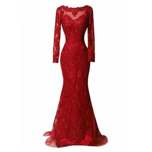 Emeraude Robe de dentelle rouge longue robe de soirée manches longues perles balayer Femmes Seuls Sexy Sequins Formal Robe de pageant pour la fête du bal