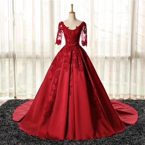 Emerald Red Long Avondjurk V-hals 1/2 Mouwen Applicaties Lace Court Train Women Sexy Formal Pageant Toga voor Prom Party