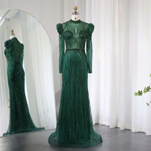 Emerald Sharon Said Groene Zeemeermin Elegante Avondjurk Voor Vrouwen Bruiloft Marineblauw Beige Lange Mouwen Arabische Feestjurk Ss019