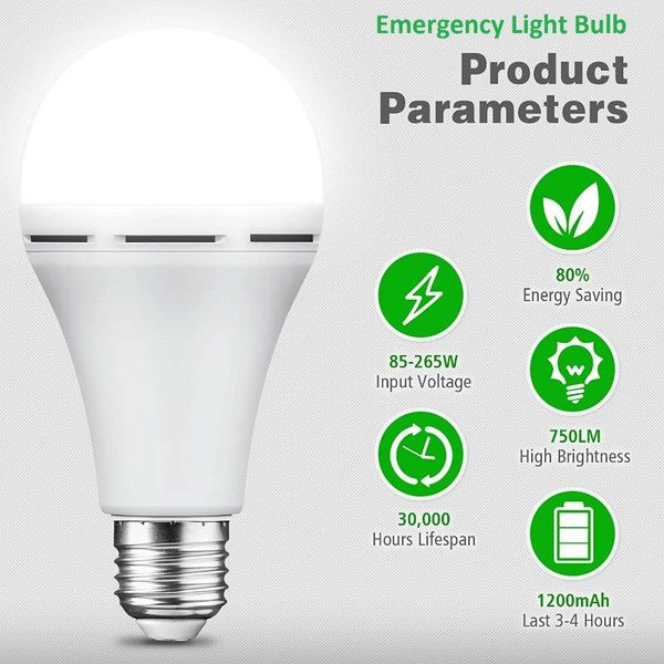 Luces de emergencia Bulbo LED 9W 12W Copia de seguridad recargable Luz portátil con gancho para acampar cuando falla de energía