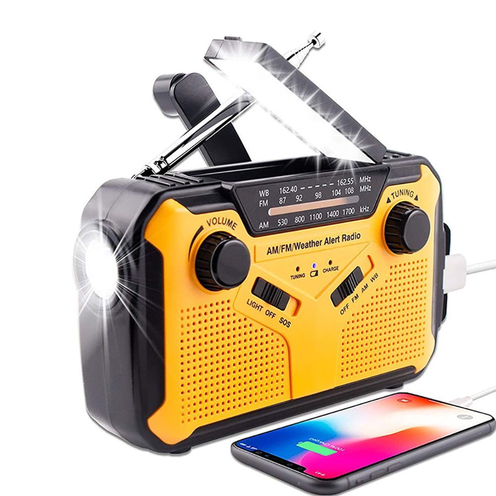 Rádio de emergência 2500mah-solar portátil am / fm / noaa receptor de tempo com lanterna e telefone celular carregando lâmpada de leitura