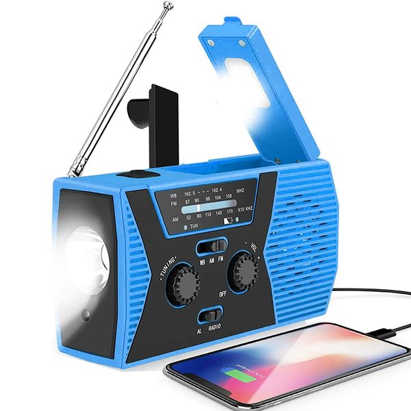 Radio d'urgence Portable à manivelle, alimentée à l'énergie solaire, AMFMWB, météo, lampe de poche LED, batterie externe 2000mAh, chargeur de téléphone 240111