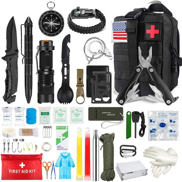 Kit de survie d'urgence et trousse de premiers secours, outil de survie professionnel avec pochette tactique Molle et tente d'urgence pour tremblement de terre, aventure en plein air, camping,