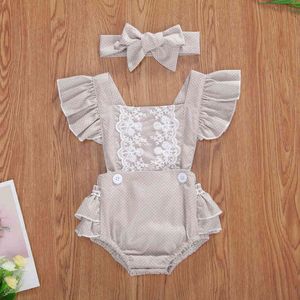 Emmababy Nouveau-né Bébé Fille Vêtements Respirant Floral / Dot Impression Dentelle Décoration Mouche Manches Barboteuse Arc Chapeaux Bébé Vêtements G1221