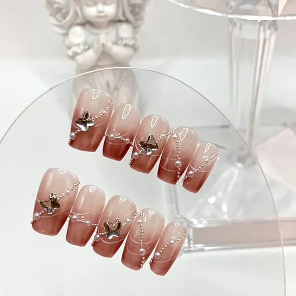Emmabeauty Blush Butterfly Love Handmade Press on Nails Icy Transparent Paste Drill French Luxurious Temperamentno19564 240430