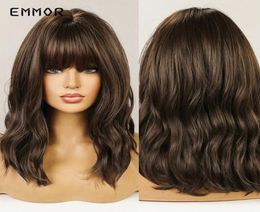 Emmor Fluffy Brown Wig for Women Natural Long Long Wigs con flequillo Fibra resistente al calor de moda4516265