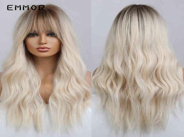 Emmor synthétique Ombre Blonde platine perruques pour femmes avec frange longue perruque ondulée fête quotidienne résistant à la chaleur fibre cheveux 2206225692166