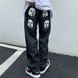 Emo Men Black Streetwear Hip Hop Skull Gotisch rechte wide been vrachtbroek Y2K Alt Harajuku Baggy Low Rise Jeans Deskled 220701