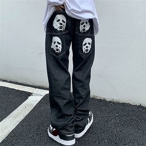 Emo Hommes Noir Streetwear Hip Hop Crâne Gothique Droite Jambe Large Pantalon Cargo Y2K Alt Harajuku Baggy Taille Basse Jeans Vêtements 220701