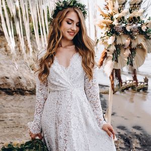 Robe De mariée Empire en dentelle, style Boho, col en v, dos nu, manches longues, pour la plage, grande taille, 2023, 328U