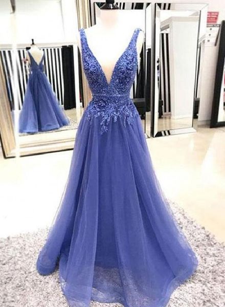 Taille Empire Robes De Bal Robes De Soirée 2019 Col En V Profond Dentelle Perlée V Dos Ouvert Robes Formelles Robe De Soirée Pour Les Invités Robe A-ligne