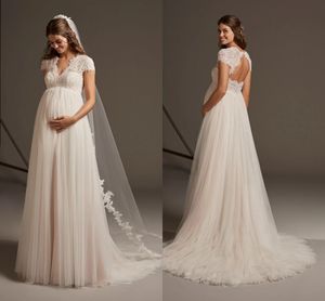 Robes de mariée taille empire pour maternité enceinte, col en V, appliques en dentelle, petits cristaux brillants, robes de mariée Vintage, manches cape, ligne A, Robes de mariée en Tulle CL0064