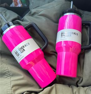 Elektrisch roze 40oz Tumbler geel oranje neon groene quencher H2.0 roestvrijstalen tuimelaars kopjes met handgreep en stro winter roze neon roze auto mokken gg0426