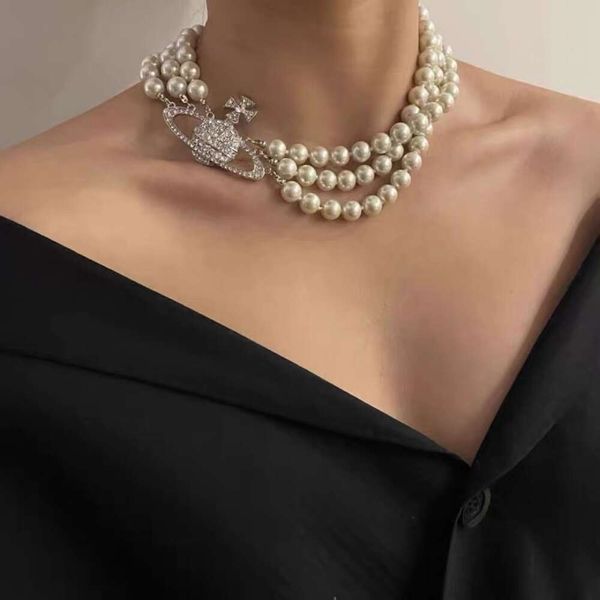Impératrice douairière saturne diamants perle collier multicouche Instagram vent froid planète cou collier chaîne femme