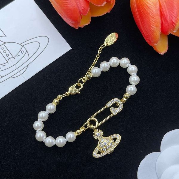Empress Dowager Viviance Saturno Diamond Pearl Pearlet Paper clip Light Luxury Gold Classic Diamond Bracelet Jewelry