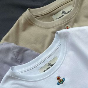 Keizerin-weduwe Xi Lente Zomer Nieuwe Eenvoudige Saturnus Geborduurde Ronde Hals Puur Katoen Casual T-shirt Met Korte Mouwen Top voor Vrouwen