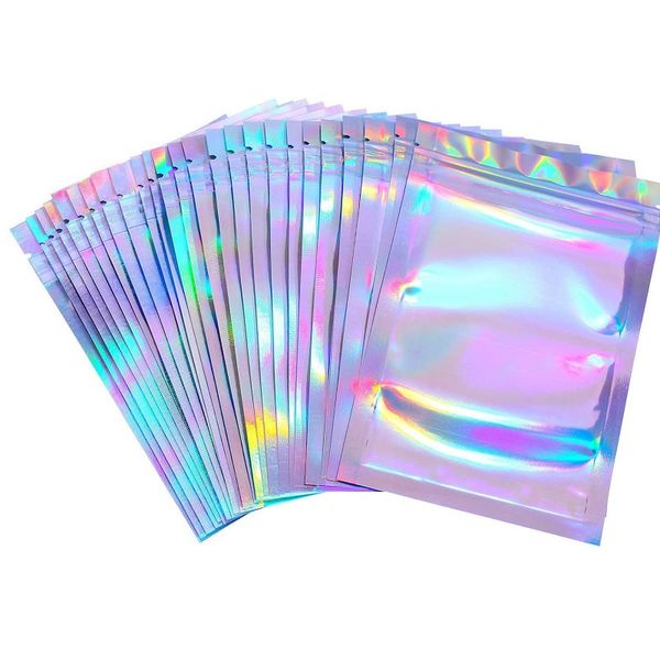 Vide 100 pièces sacs refermables anti-odeur sac de poche en aluminium sacs d'emballage de couleur laser plat pour le stockage des aliments de faveur de fête prix d'usine holographique