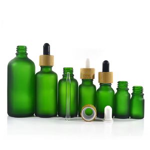 Vide Boston rond 10 ml 15 ml 30 ml 50 ml 100 ml bouteilles d'huile de barbe en verre vert givré bouteille d'huiles corporelles avec bouchon en bois de bambou flacon compte-gouttes d'huile de teinture en gros