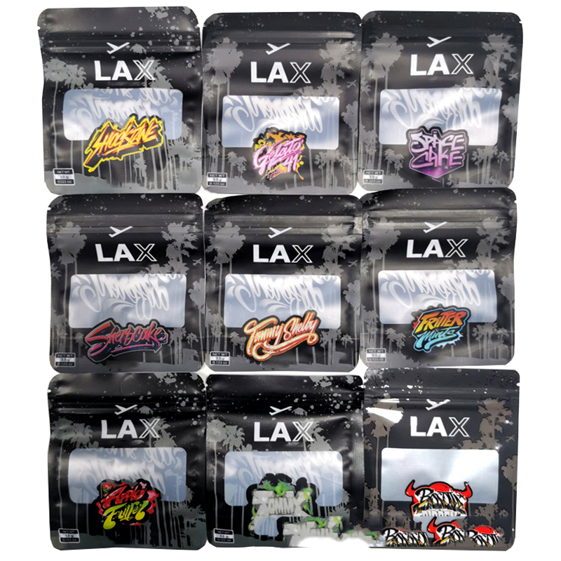 Lege 3,5 g LAX Mylar Bag Matte Zwart zakje Frosted opstaan aluminiumfolie Zipperslot met raambloempakket Plastic Kast