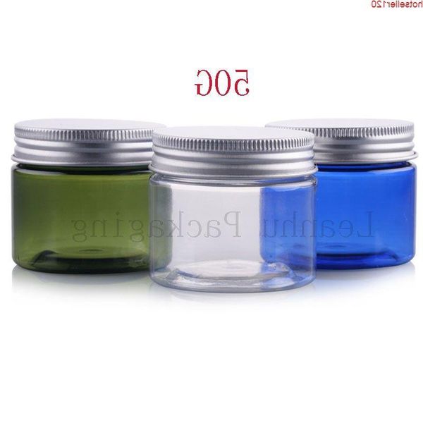 Pots de crème vides bleus/verts/transparents avec bouchon à vis en aluminium argenté, conteneur cosmétique de soins personnels maison rechargeable de 50 cc Iefue de haute qualité