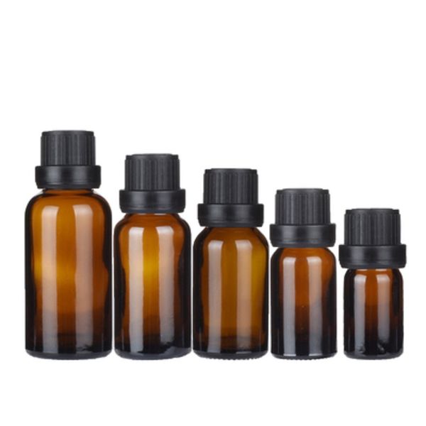 Bouteille vide en verre brun, ronde, grande tête, couvercle à vis noir avec bouchon, récipient d'emballage cosmétique rechargeable, 5ml, 10ml, 15ml, 20ml, 30ml, 50ml, 100ml