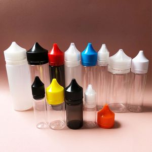 Lege mollige plastic druppelaar flessen 10 ml 15 ml 30 ml 50 ml 60 ml 100 ml 120 ml PET Unicorn Bottle met CRC -sabotage duidelijke doppen voor vloeibare sap